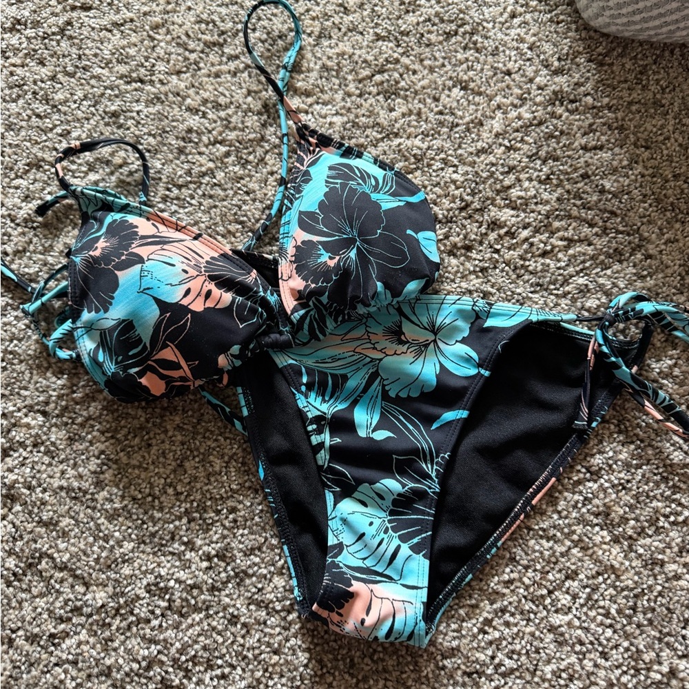 Floral Black and Blue Bikini